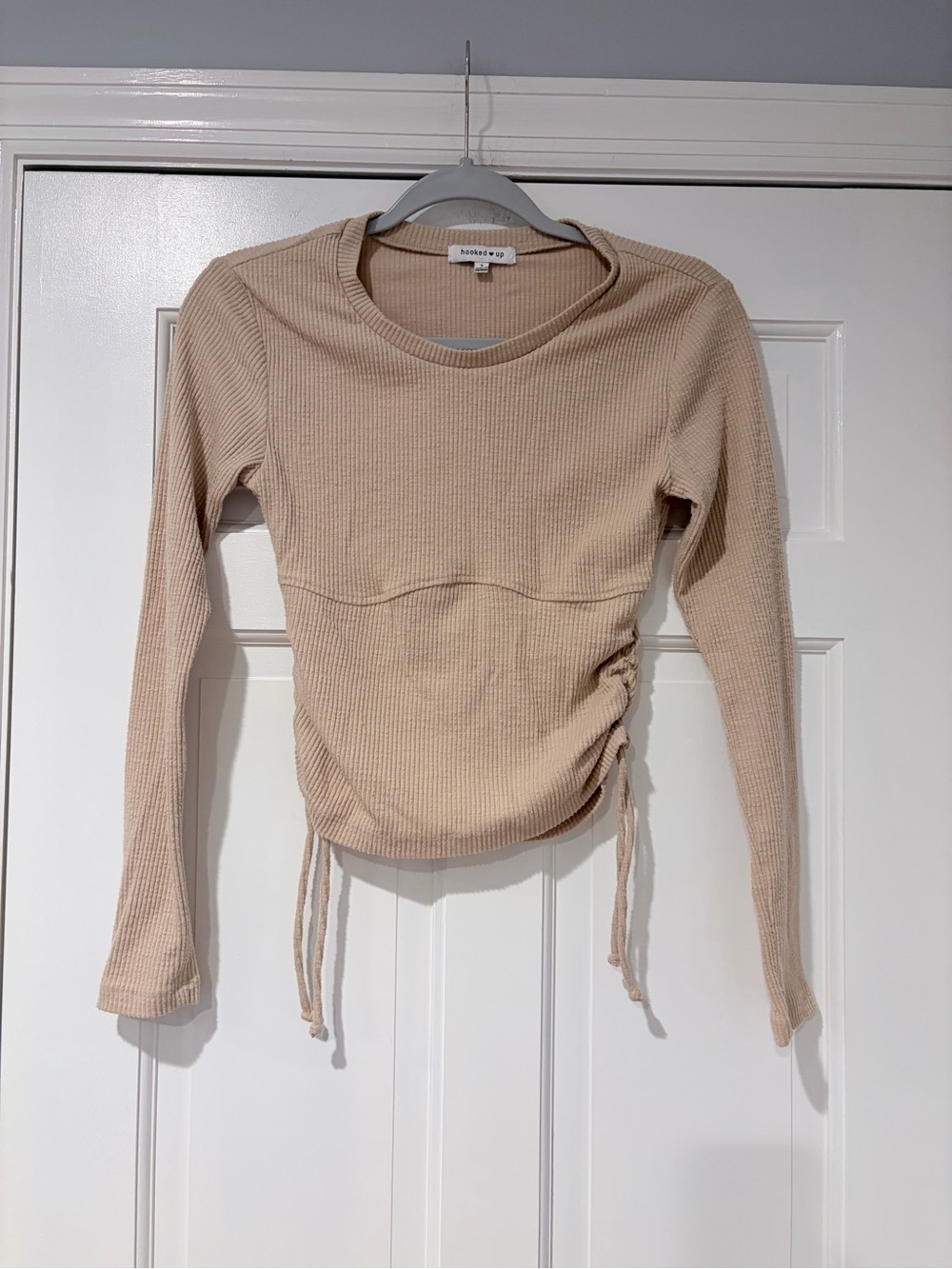 Hooked Up Beige Ribbed Ruched Side Tie Long Sleeve Top Small
